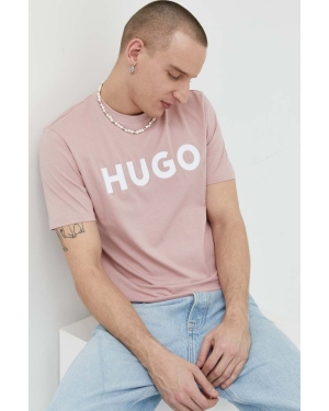 HUGO t-shirt bawełniany kolor różowy z nadrukiem