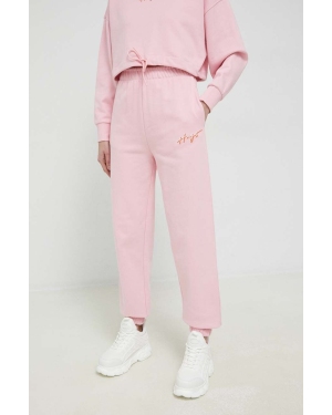 HUGO spodnie dresowe bawełniane kolor różowy z nadrukiem